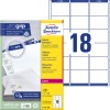 Pakningsbilde med etikettsark: Avery Zweckform adresseetiketter, Artikkel: L7161-100, Format: 63,5 x 46,6 mm, Utskriftskompatibilitet: Sort/hvitt-laser, fargelaser, Innhold: 1.800 etiketter / 100 ark, 18 etiketter/ark.