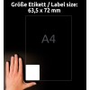 Størrelsessammenligning med hånd, Artikkel: L7164-100, ett ark adresse-etiketter, Format: 63,5 x 72 mm, Farge: Hvit?