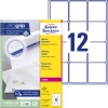 Bilde av pakken med etikettark: Avery Zweckform adresseetiketter, artikkel: L7164-100, format: 63,5 x 72 mm, skriveregenskaper: laser s/hv, fargelaser, innhold: 1.200 etiketter / 100 ark, 12 etiketter/ark.