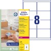 Pakningsbilde med etikettark: Avery Zweckform fraktetiketter, Artikkel: L7165B-100, Format: 67,7 x 99,1 mm, Utskriftsegnet: Laser s/hv, fargelaser, Innhold: 800 etiketter / 100 ark, 8 etiketter/ark.