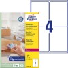 Emballasjeillustrasjon med etikettark: Avery Zweckform forsendelsesetiketter, Artikkel: L7169B-100, Format: 99,1 x 139 mm, Skriverkompatibilitet: S/H-laser, fargelaser, Innhold: 400 etiketter / 100 ark, 4 etiketter/ark