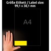 Størrelsessammenligning med hånd, artikkel: L7263Y-25, ett ark med etiketter i spesialfarger, format: 99,1 x 38,1 mm, farge: neongul.