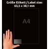 Størrelsessammenligning med hånd, Artikkel: L7560-25, ett ark adresseetiketter, Format: 63,5 x 38,1 mm, Farge: Transparent.