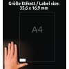 Størrelsessammenligning med hånd, artikkel: L7632-25, ett ark med mini-organisasjonsetiketter, format: 35,6 x 16,9 mm, farge: hvit?