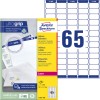 Pakningsbilde med etikettark: Avery Zweckform adresseetiketter, Artikkel: L7651-100, Format: 38,1 x 21,2 mm, Skriverberegnet: Laser s/h, fargelaser, Innhold: 6.500 etiketter / 100 ark, 65 etiketter/ark.