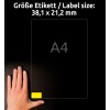Størrelsessammenligning med hånd, artikkel: L7651Y-25, ett ark med etiketter i spesialfarger, format: 38,1 x 21,2 mm, farge: neongul.