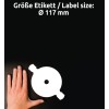 Størrelsessammenligning med hånd, Artikkel: L7676-25, ett ark CD-etiketter SuperSize, Format: ⌀ 117 mm, Farge: Hvit?