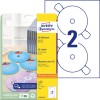 Pakningsbilde med etikettark: Avery Zweckform CD-etiketter SuperSize, Artikkel: L7676-25, Format: ⌀ 117 mm, Skriverkompatibilitet: Inkjet, Laser s/h, Fargelaser, Innhold: 50 etiketter / 25 ark, 2 etiketter/ark.