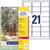 Pakningsbilde med etikettark: Avery Zweckform transparente etiketter, Artikkel: L7782-25, Format: 63,5 x 38,1 mm, Utskriftsegnethet: Laser s/h, fargelaser, Innhold: 525 etiketter / 25 ark, 21 etiketter/ark.