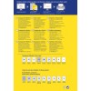 Bildet viser en reklamebrosjyre for transparente etiketter fra Avery, med instruksjoner, størrelser og tips for å designe og skrive ut etiketter på flere språk, inkludert tysk, engelsk, fransk og andre.