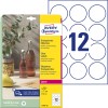 Pakkebilde med etikettark: Avery Zweckform transparente etiketter, artikkel: L7787-25, format: ⌀ 60 mm, skriveegring: laser s/h, fargelaser, innhold: 300 etiketter / 25 ark, 12 etiketter/ark.