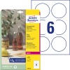Pakningsbilde med etikettark: Avery Zweckform Transparente Etiketter, Artikkel: L7788-25, Format: ⌀ 80 mm, Utskriftsegnet: Laser s/hv, fargelaser, Innhold: 150 etiketter / 25 ark, 6 etiketter/ark.