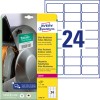 Pakkeillustrasjon med etikettark: Avery Zweckform Ultra-resistente folieetiketter, Artikkel: L7912-10, Format: 63,5 x 33,9 mm, Utskriftsformål: Laser s/h, fargelaser, Innhold: 240 etiketter / 10 ark, 24 etiketter/ark.
