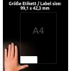 Størrelsessammenligning med hånd, artikkel: L7913-10, ett ark ultraresistente folieetiketter, format: 99,1 x 42,3 mm, farge: hvit.