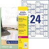 Pakningsbilde med etikettsider: Avery Zweckform etiketter for kabelmerking, Artikkel: L7950-20, Format: 60 x 40 mm, Skriverkompatibilitet: Laser s/h, fargelaser, Innhold: 480 etiketter / 20 ark, 24 etiketter/ark.