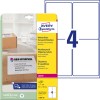 Pakningsbilde med etikettark: Avery Zweckform forsendelsesetiketter, artikkel: L7994-25, format: 99,1 x 139 mm, egnet for skriver: laser s/hv, fargelaser, innhold: 100 etiketter / 25 ark, 4 etiketter/ark.