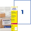 Pakningsbilde med etikettark: Avery Zweckform forsendelsesetiketter, artikkel: L7997-25, format: 199,6 x 289,1 mm, skriverkompatibilitet: sort/hvitt laser, fargelaser, innhold: 25 etiketter / 25 ark, 1 etikett/ark.