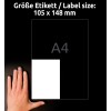 Størrelsesammenligning med hånd, artikkel: LR3483, ett ark med resirkulerte universelle etiketter, format: 105 x 148 mm, farge: naturhvit.