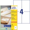 Pakningsbilde med etikettark: Avery Zweckform resirkulerte universale etiketter, Artikkel: LR3483, Format: 105 x 148 mm, egnet for utskrift: Inkjet, laser s/hv, fargelaser, Innhold: 400 etiketter / 100 ark, 4 etiketter/ark.