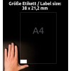 Størrelsessammenligning med hånd, Artikkel: LR3666-10, ett ark resirkulerte etiketter, hjemmekontor, liten pakke, format: 38 x 21,2 mm, farge: naturhvit?