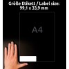 Størrelsessammenligning med hånd, artikkel: LR7162-100, et ark med resirkulerte adresseetiketter, format: 99,1 x 33,9 mm, farge: naturhvit.