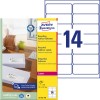 Pakningsbilde med etikettark: Avery Zweckform resirkulerte adresseetiketter, Artikkel: LR7163-100, Format: 99,1 x 38,1 mm, Skriverkompatibilitet: Laser s/hv, fargelaser, Innhold: 1.400 etiketter / 100 ark, 14 etiketter/ark.