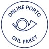 Bildet viser en sirkulær logo eller stempel som sier 'ONLINE PORTO' øverst og 'DHL PAKET' nederst, med en øyelignende grafikk i midten.