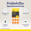 Bildet viser inspeksjonsetiketter laget for året 2027, som fremviser egenskaper som værbestandighet, enkel å fjerne, produsert i Tyskland, og klimanøytrale.