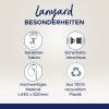 Bildet har en grafikk som forklarer egenskapene til en snor, inkludert en karabinerkrok, sikkerhetslås, høykvalitetsmateriale, og laget av 100 % resirkulert plast.