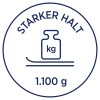 Bildet har et sirkulært design med teksten 'STARKER HALT' og en illustrasjon av en vekt med 'kg' skrevet på den, sammen med tallet '1.100 g' nederst.