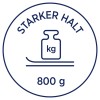 Bildet viser en etikett eller et ikon med teksten "STARKER HALT" øverst, som viser et vektsymbol (en vektflaske) med "kg" skrevet på den. Under står vekten "800 g".