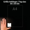 Størrelsessammenligning med hånd, Artikkel: T2003-10, ett ark med anheng, Format: 50 x 50 mm, Farge: Ultrahvitt?