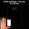 Størrelsesammenligning med hånd, Artikkel: T3001-10, ett ark med anheng, format: 90 x 50 mm, farge: hvit.