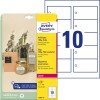 Emballasjebilde med etikettark: Avery Zweckform anheng, artikkel: T3001-10, format: 90 x 50 mm, skriveutstyr: sort/hvitt laser, fargelaser, innhold: 100 anheng / 10 ark, 10 anheng/ark.