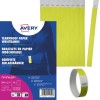 Bildet viser en pakke med riftebestandige papirarmbånd i gul farge, laget av TYVEK-materiale, med ulike serienumre. Inkludert er et armbånd for demonstrasjon.